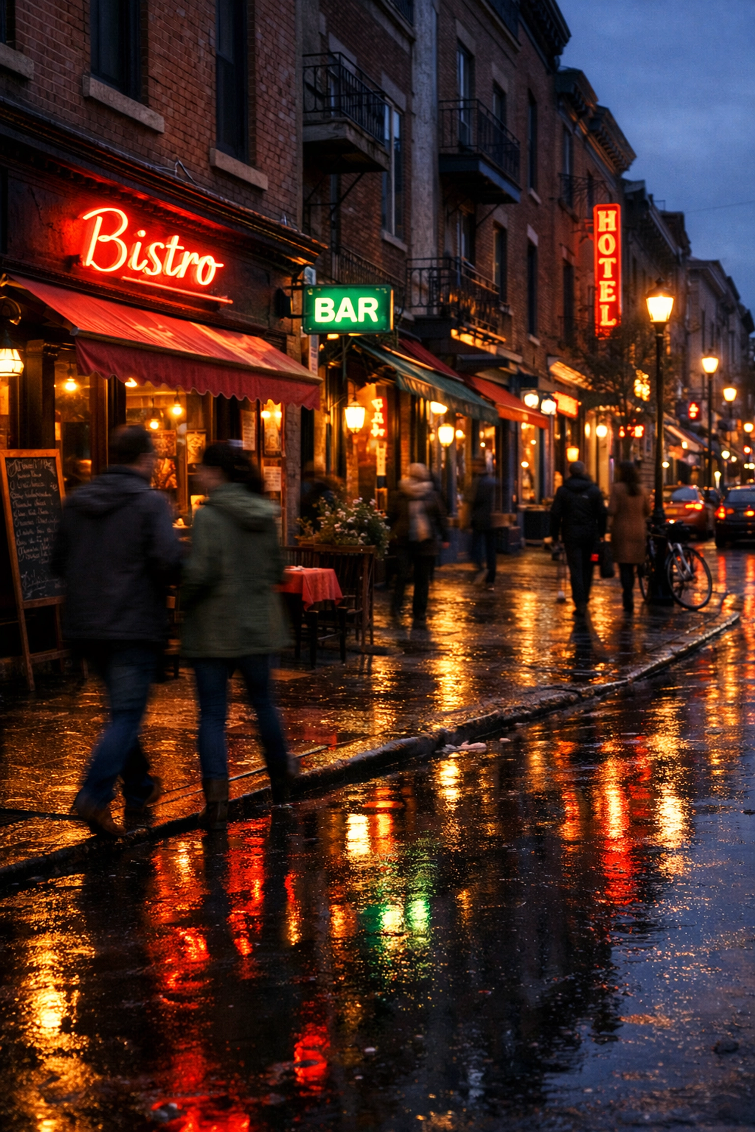Charming Montreal street at twilight in Little Burgundy featuring glowing bistro signs.