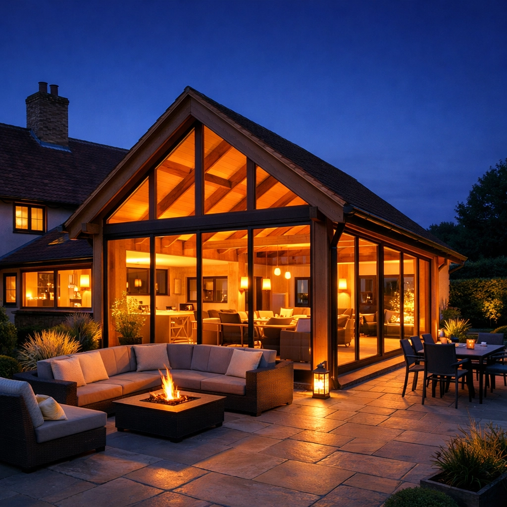 Contemporary West Sussex home extension with modern lighting and timber cladding at dusk.