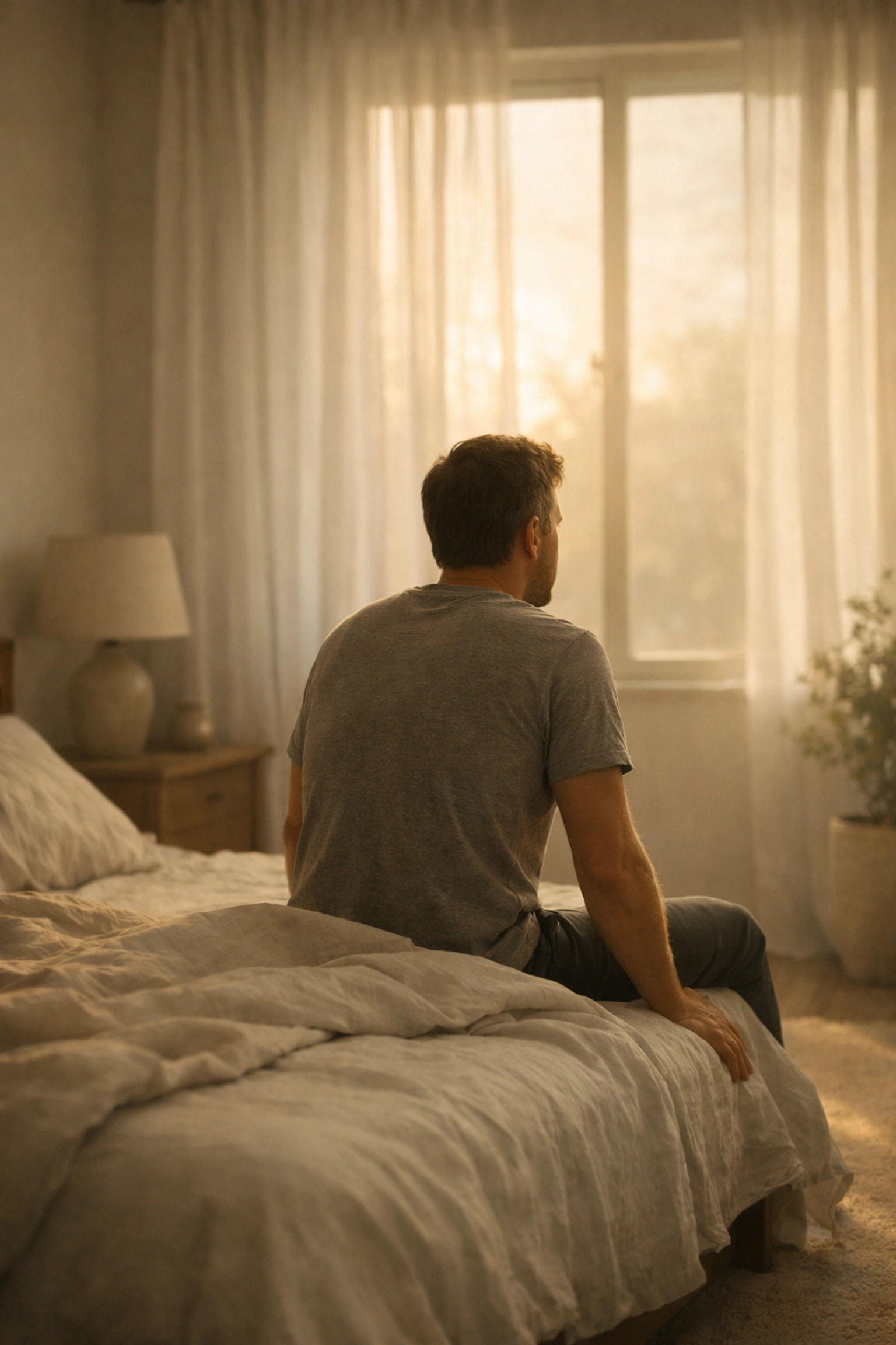 Férfi a hálószobában a reggeli fénynél, kilábalás a merevedési zavarból szakértő tanácsadással.