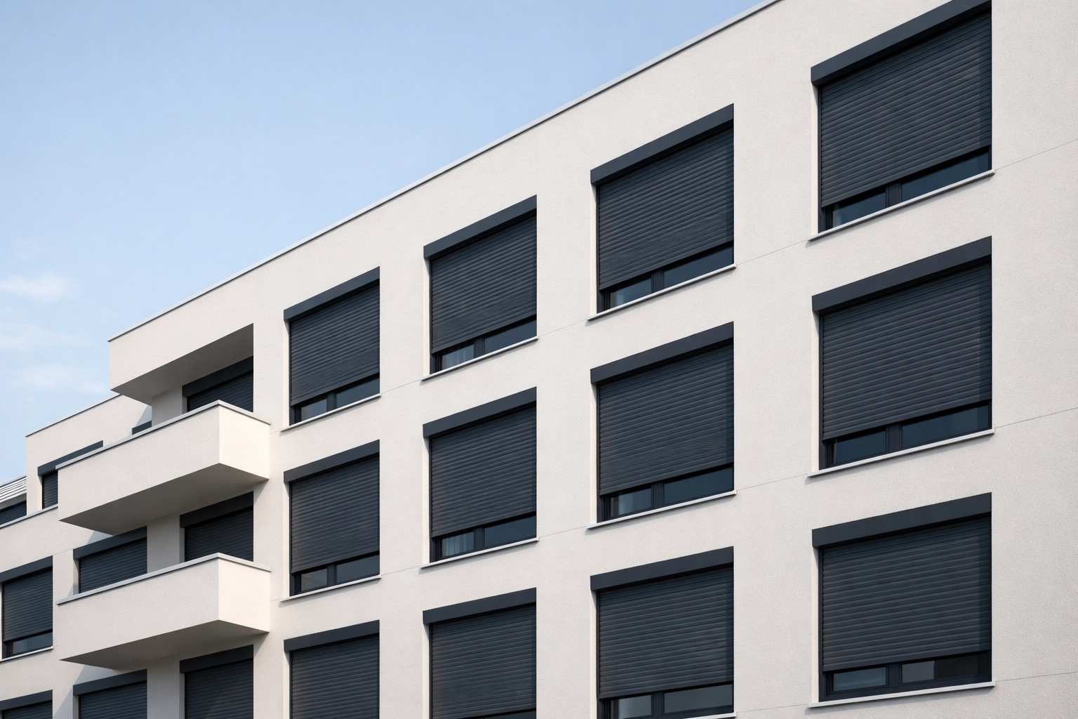 Minimalistische Gebäude-Fassade mit hochwertigen anthrazitfarbenen Rollläden für modernen Wohnkomfort.