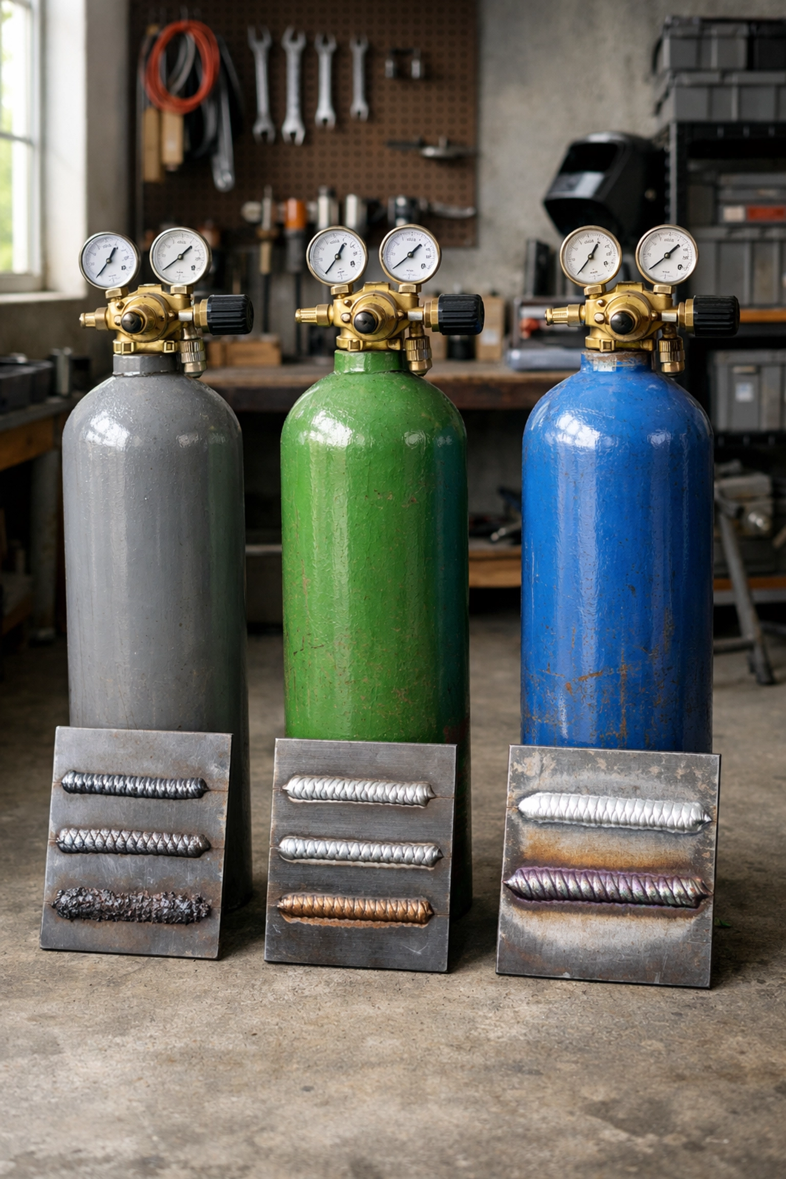 Three MIG welding gas cylinders with regulators and welded steel samples