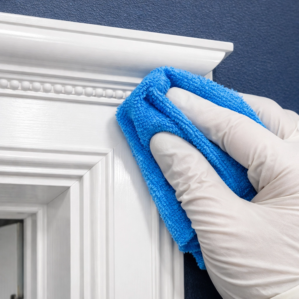 Detailed post-construction cleaning of high-end home trim and door frames by a professional cleaner.