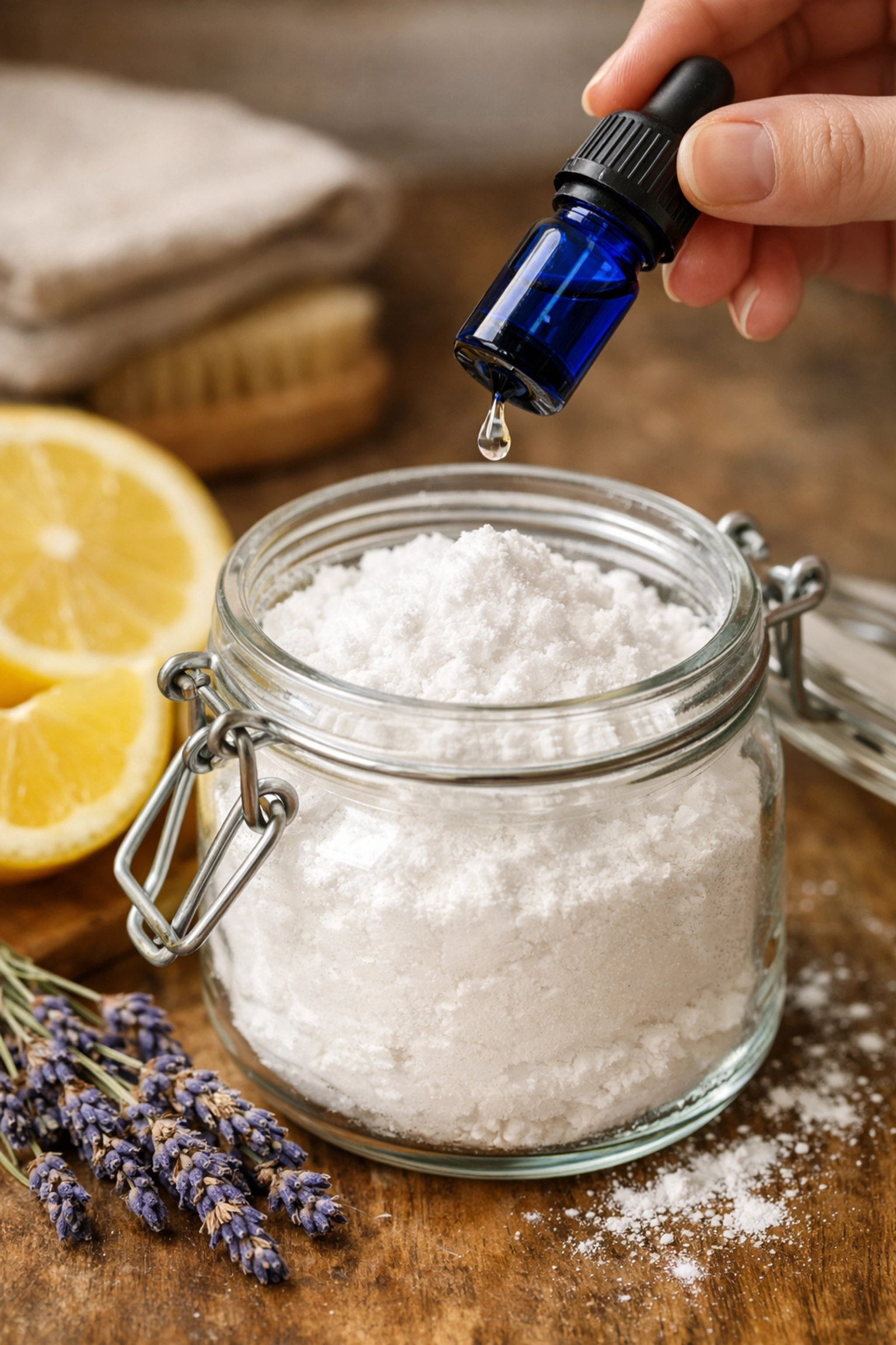 DIY carpet refresher with baking soda, lemon, and lavender for a fresh smelling home.