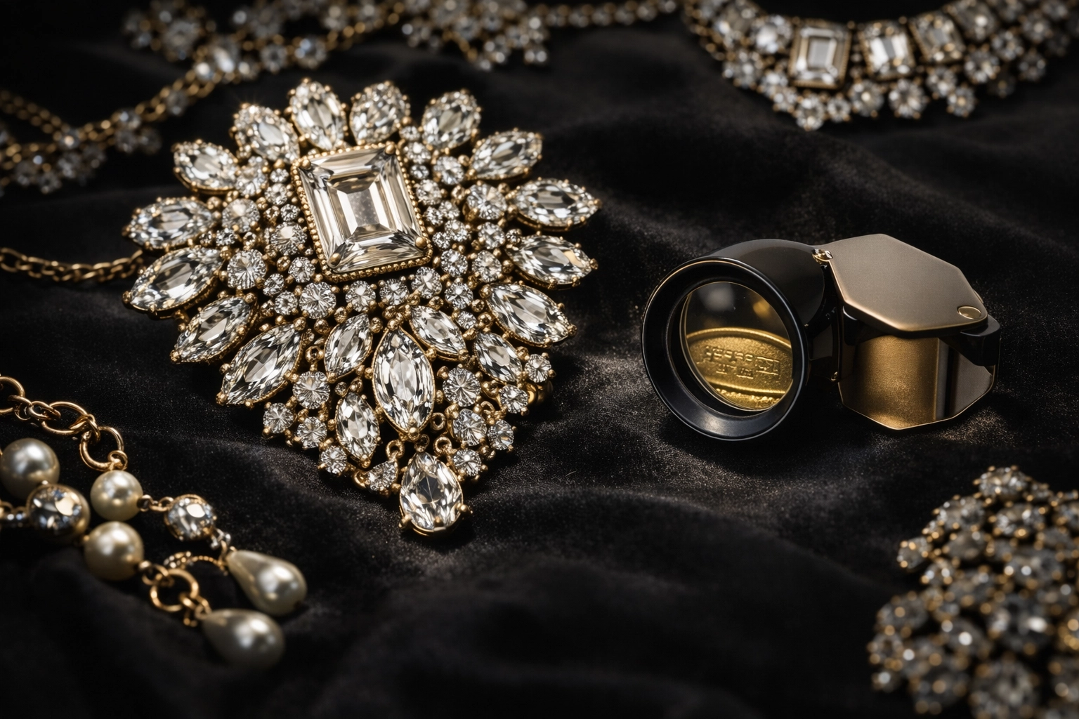 Vintage designer costume jewelry with magnifying glass examining maker's mark