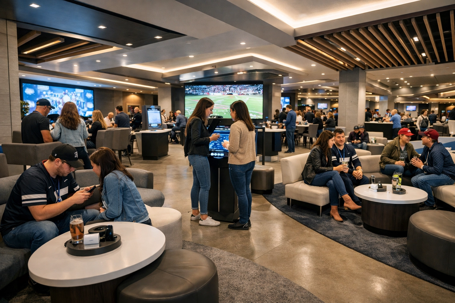 Fans relaxing in a high-end stadium activation zone as part of an entertainment venue brand partnership strategy.