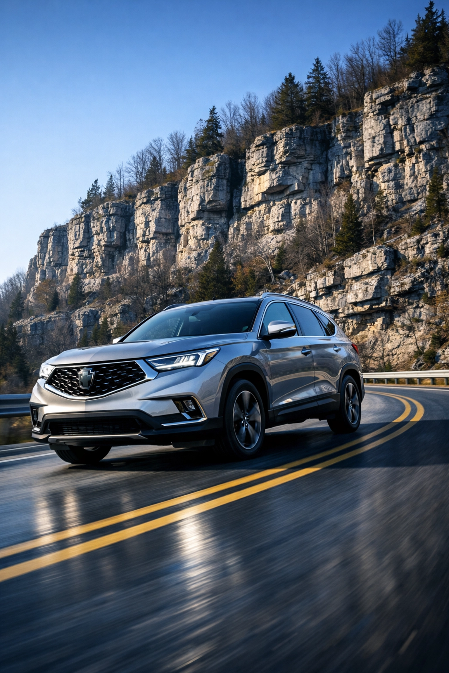 Car driving through Hamilton's Niagara Escarpment illustrating the need for reliable transmission service.