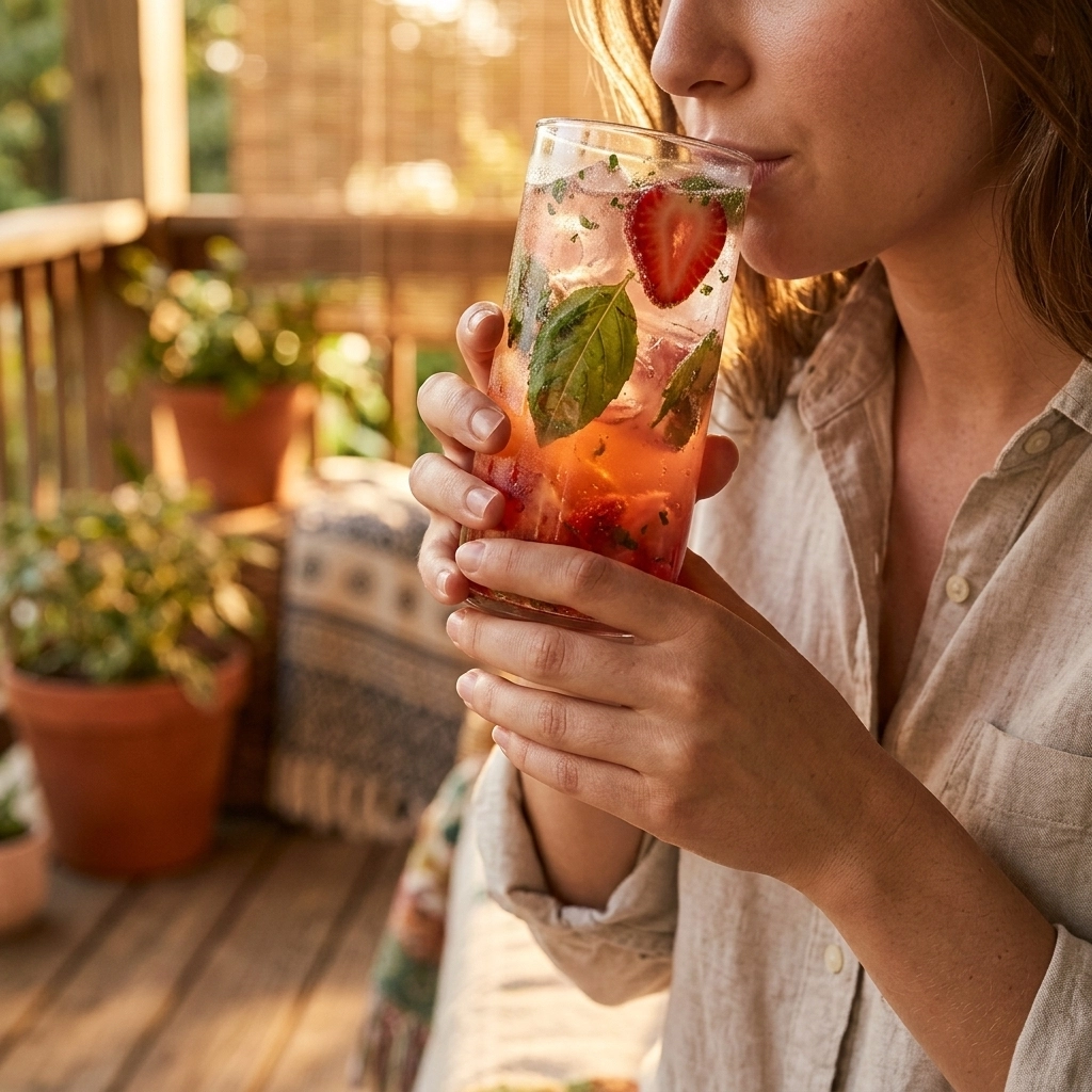 Enjoying the drink on a porch