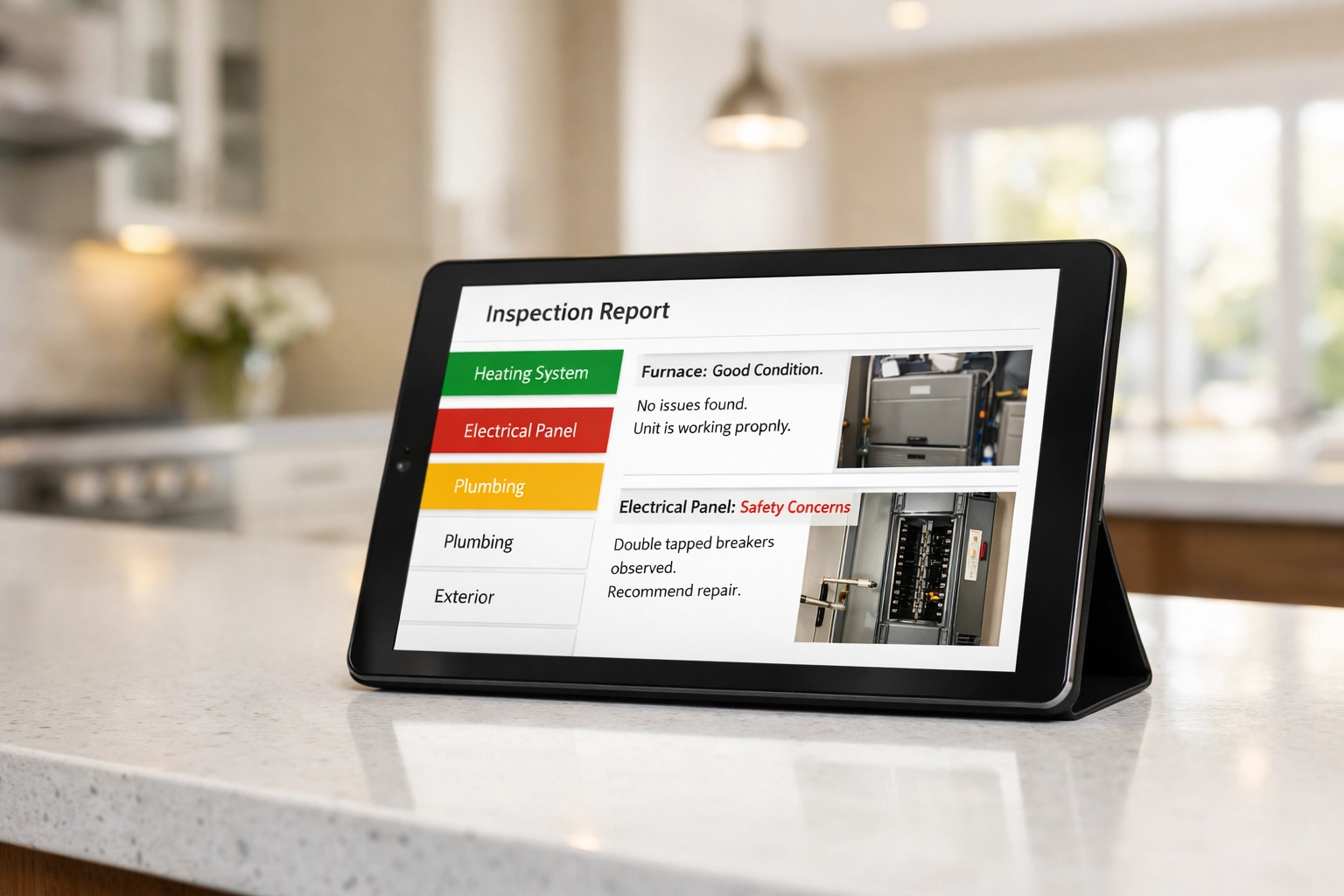 A digital home inspections edmonton alberta report on a tablet highlighting property safety findings.