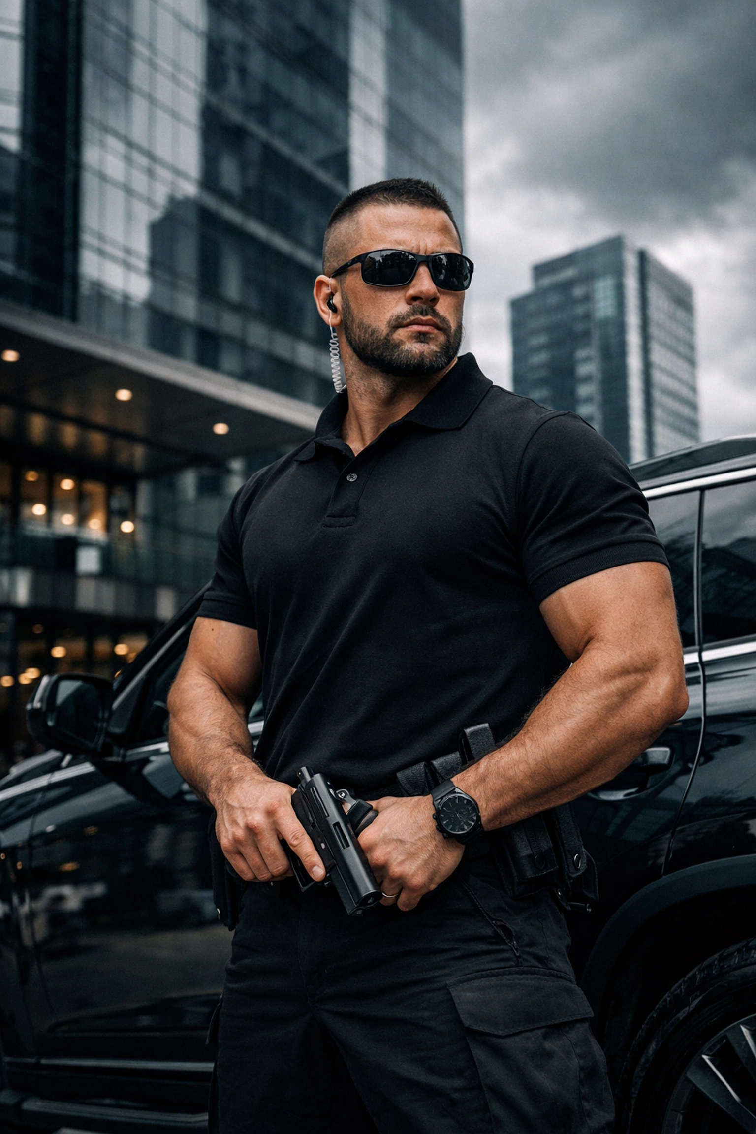 Armed bodyguard Medellin providing executive protection beside luxury SUV