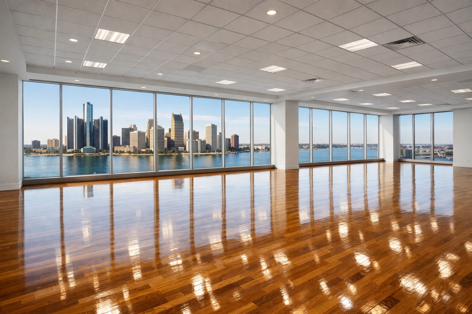 Professionally cleaned empty office suite in Detroit with polished floors and city skyline views.