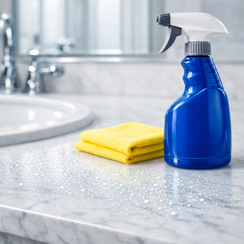 Close-up of cleaning spray on a marble bathroom counter during a professional House Cleaning Pepperell MA service.