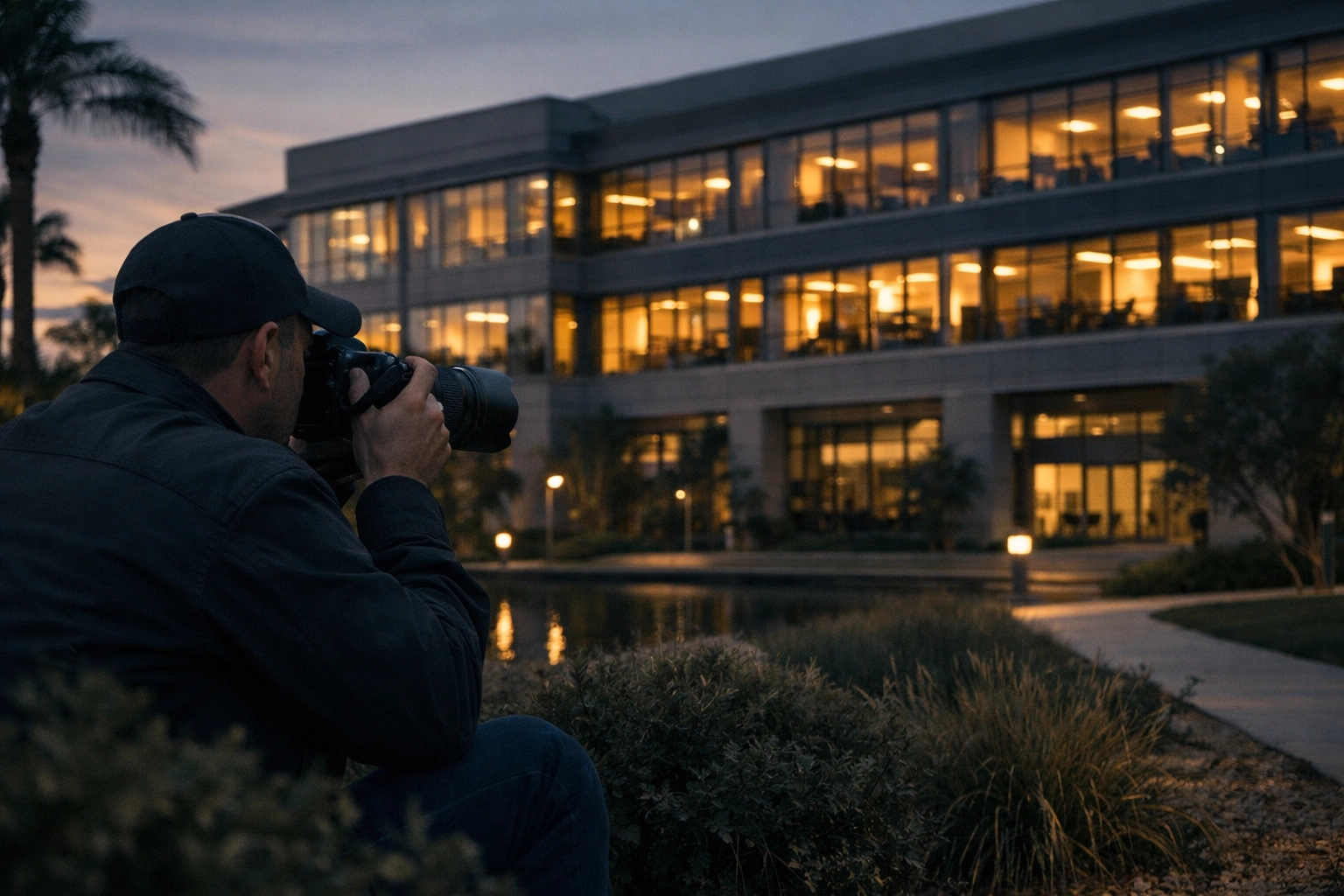 Corporate surveillance investigator monitoring California office building for workplace security assessment