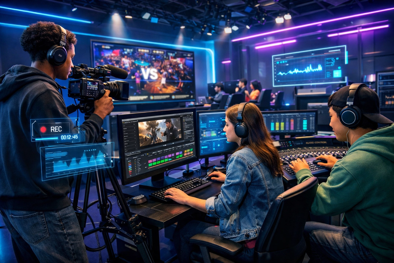 High school students creating esports content in modern media production studio for workforce development