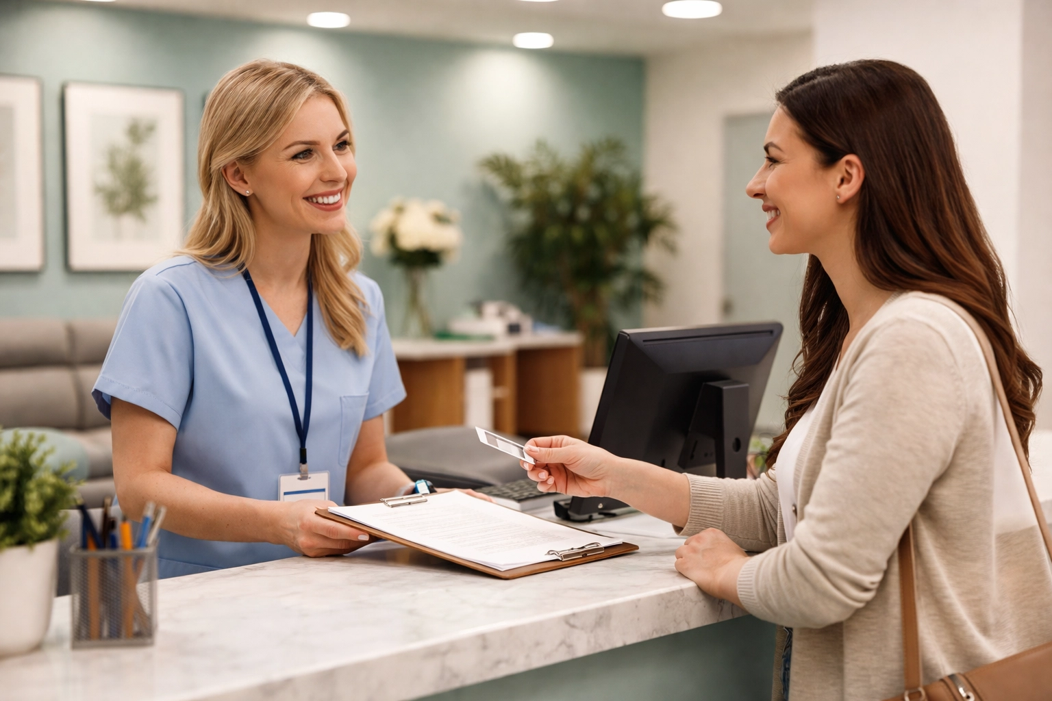 Medical receptionist and patient share a friendly checkout experience at a healthcare front desk