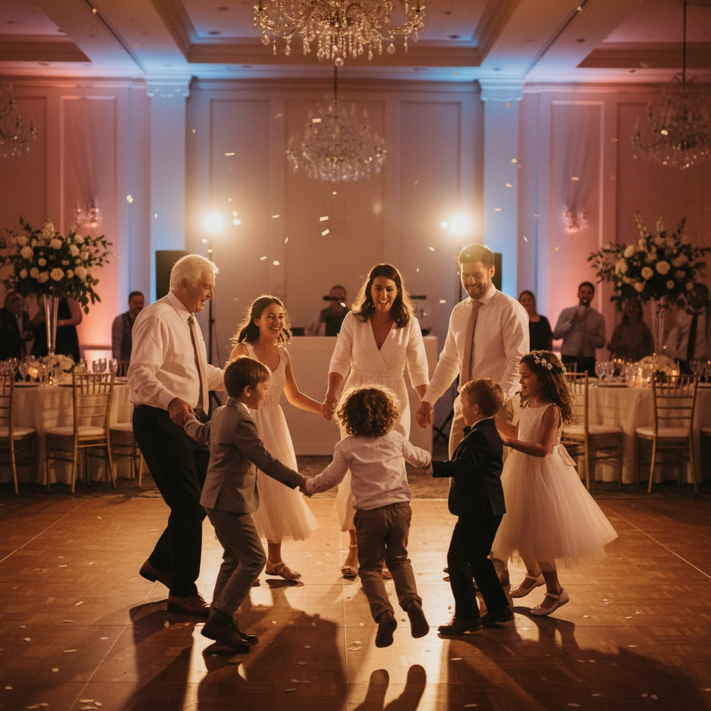 People in formal attire dance joyfully in a circle on a wooden floor, under chandeliers, with warm ambient lighting and flower arrangements.