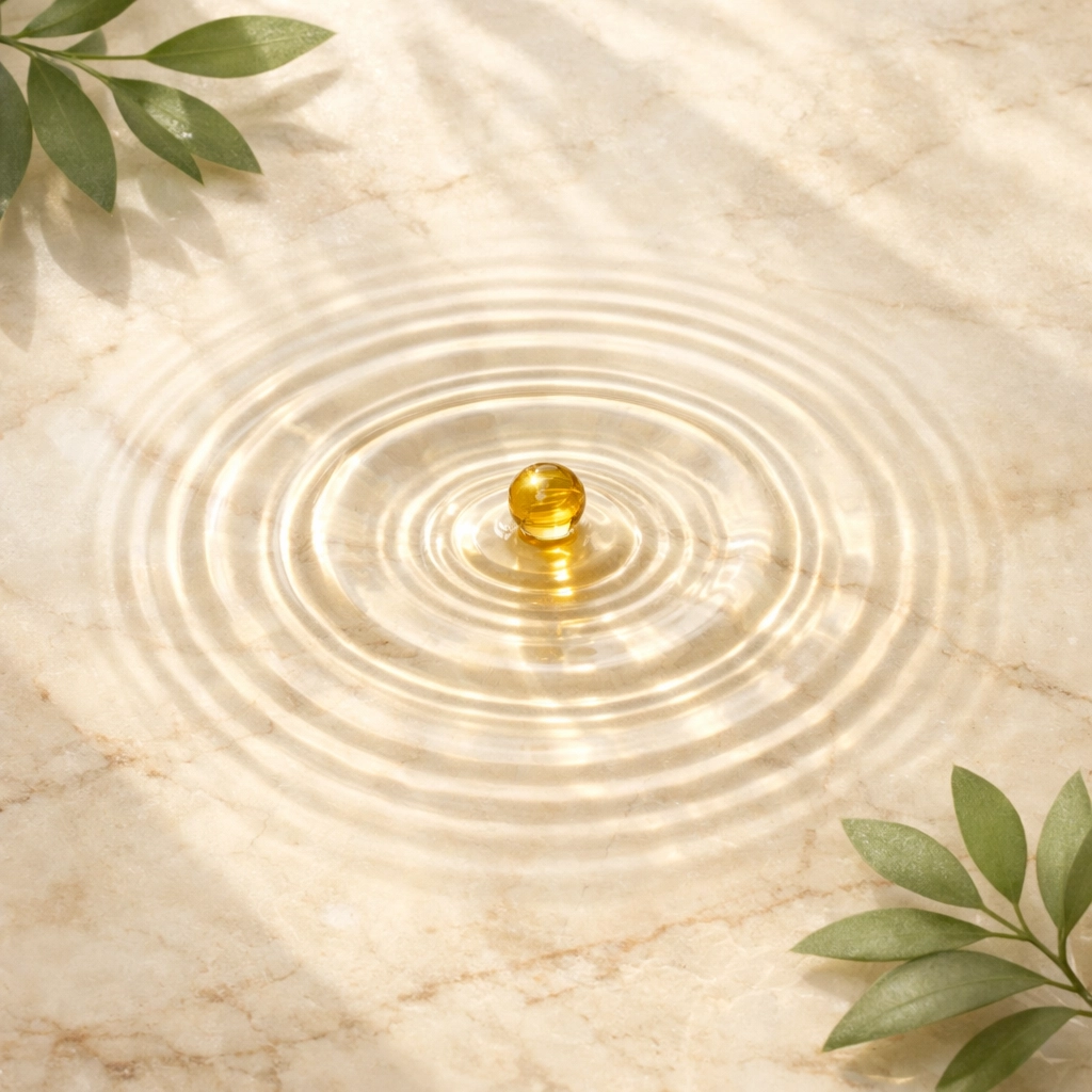Golden natural face oil droplet in water with botanical leaves showing deep hydration