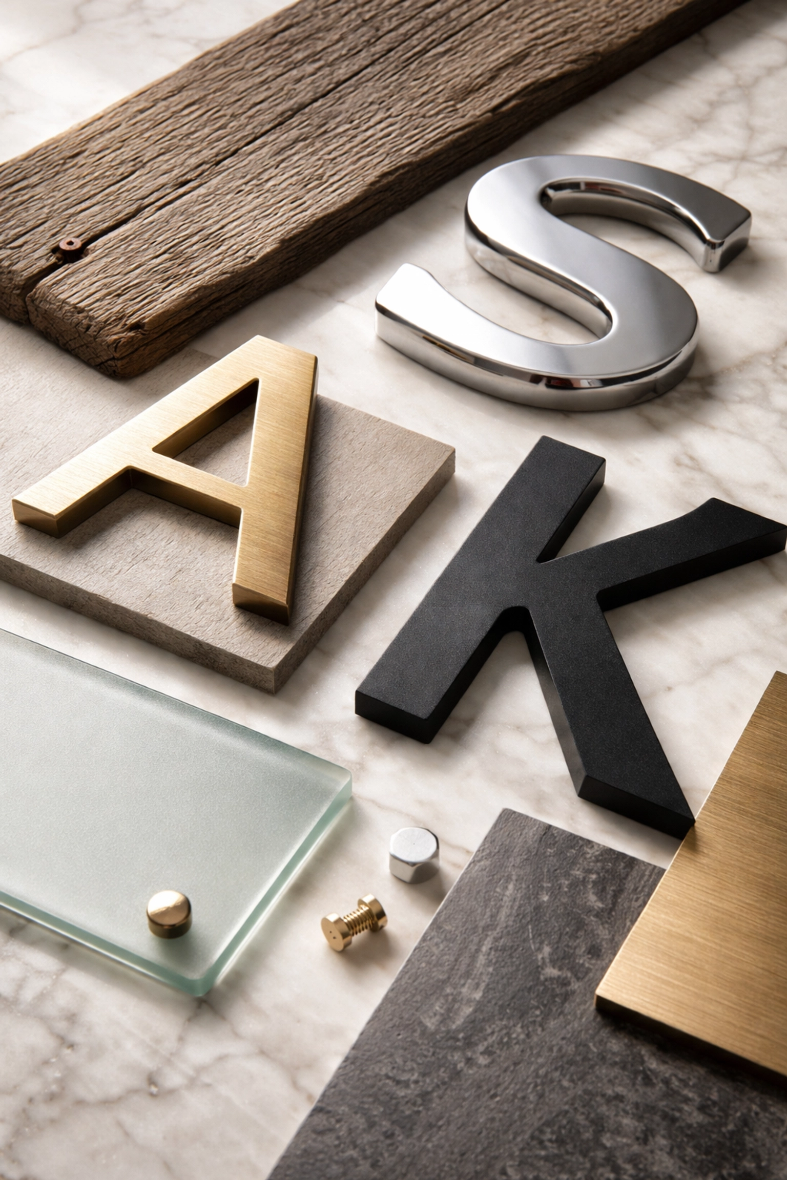 Close-up of assorted commercial signage materials highlighting modern design choices