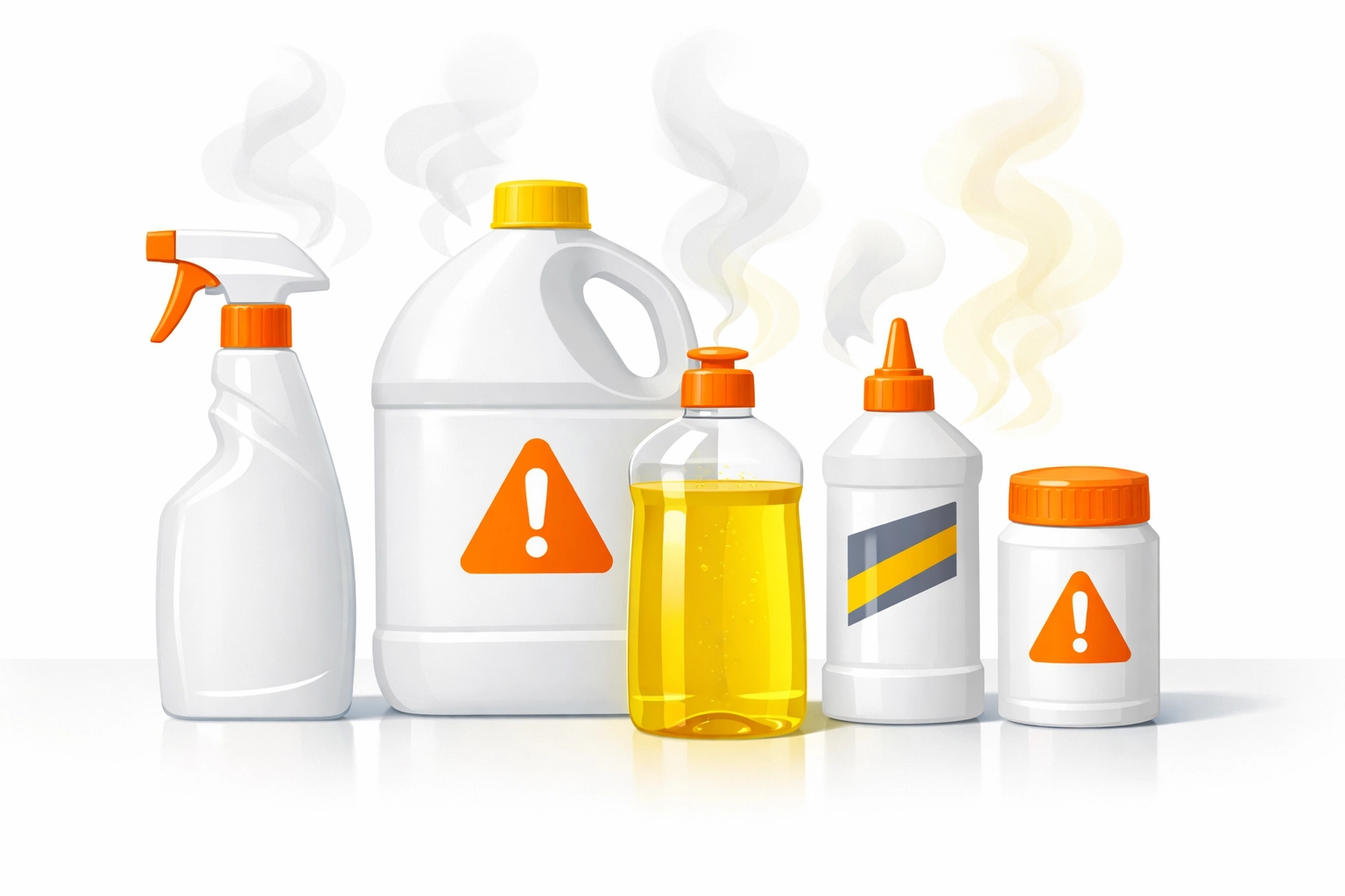 Household cleaning bottles releasing chemical fumes and VOCs into indoor air