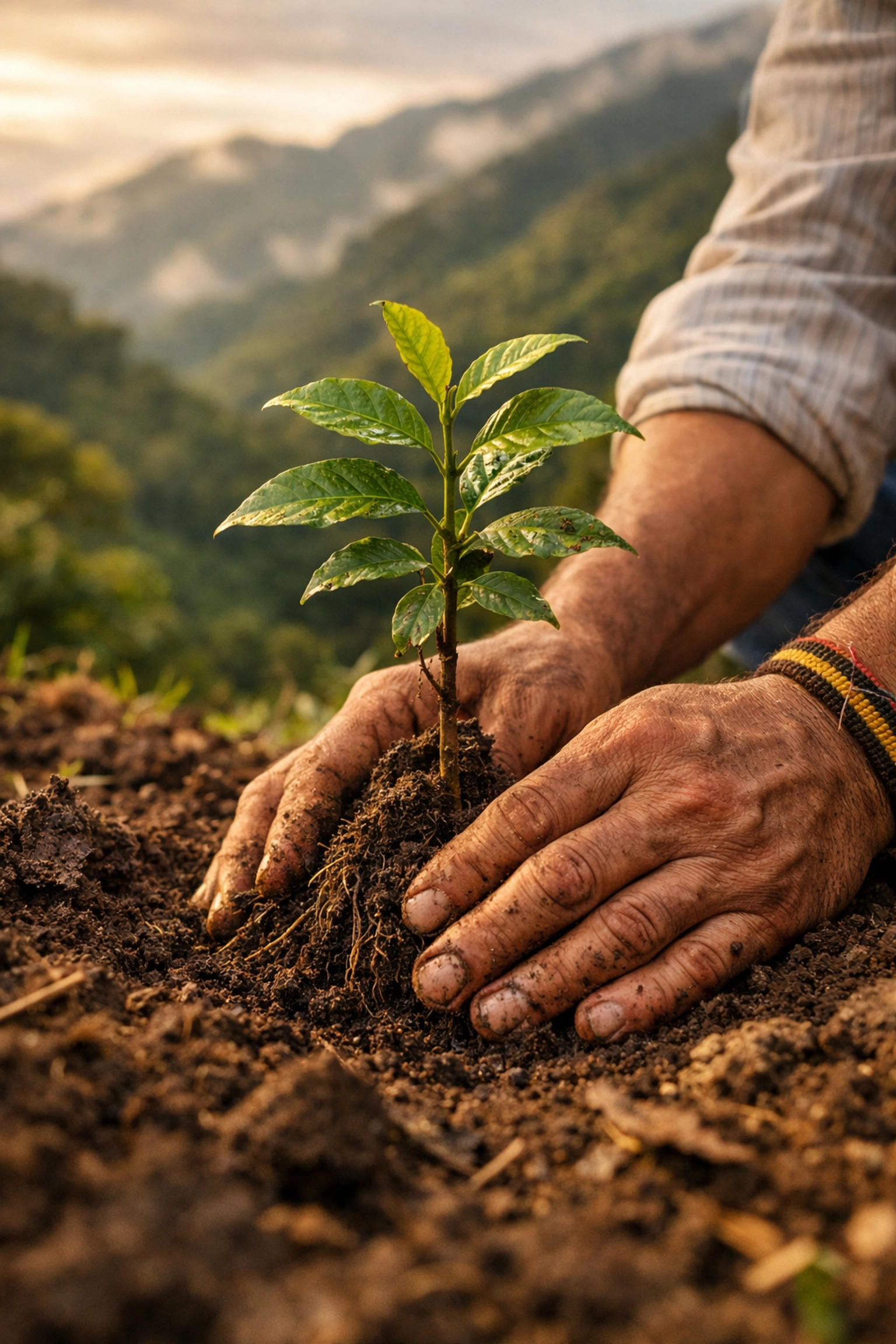 Colombian farmer planting native trees in Andean cloud forest for regenerative eco tourism reforestation