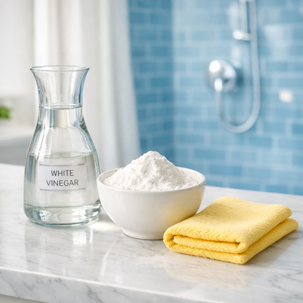 Natural cleaning essentials like vinegar and baking soda on a bright bathroom vanity.