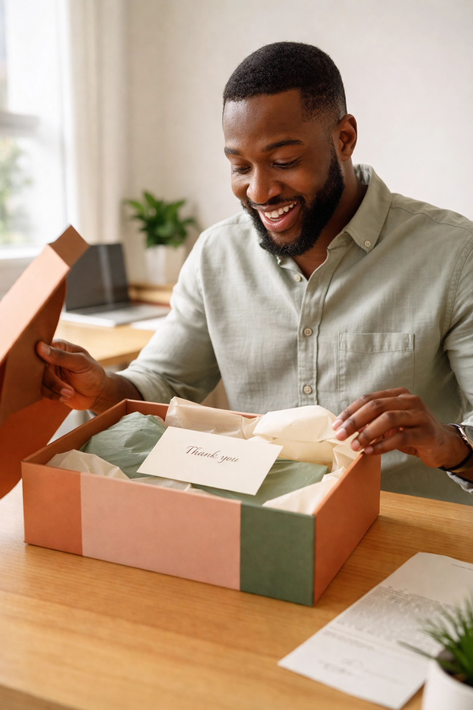 Black entrepreneur delighted while unboxing beautifully branded packaging, highlighting authentic customer touchpoints.