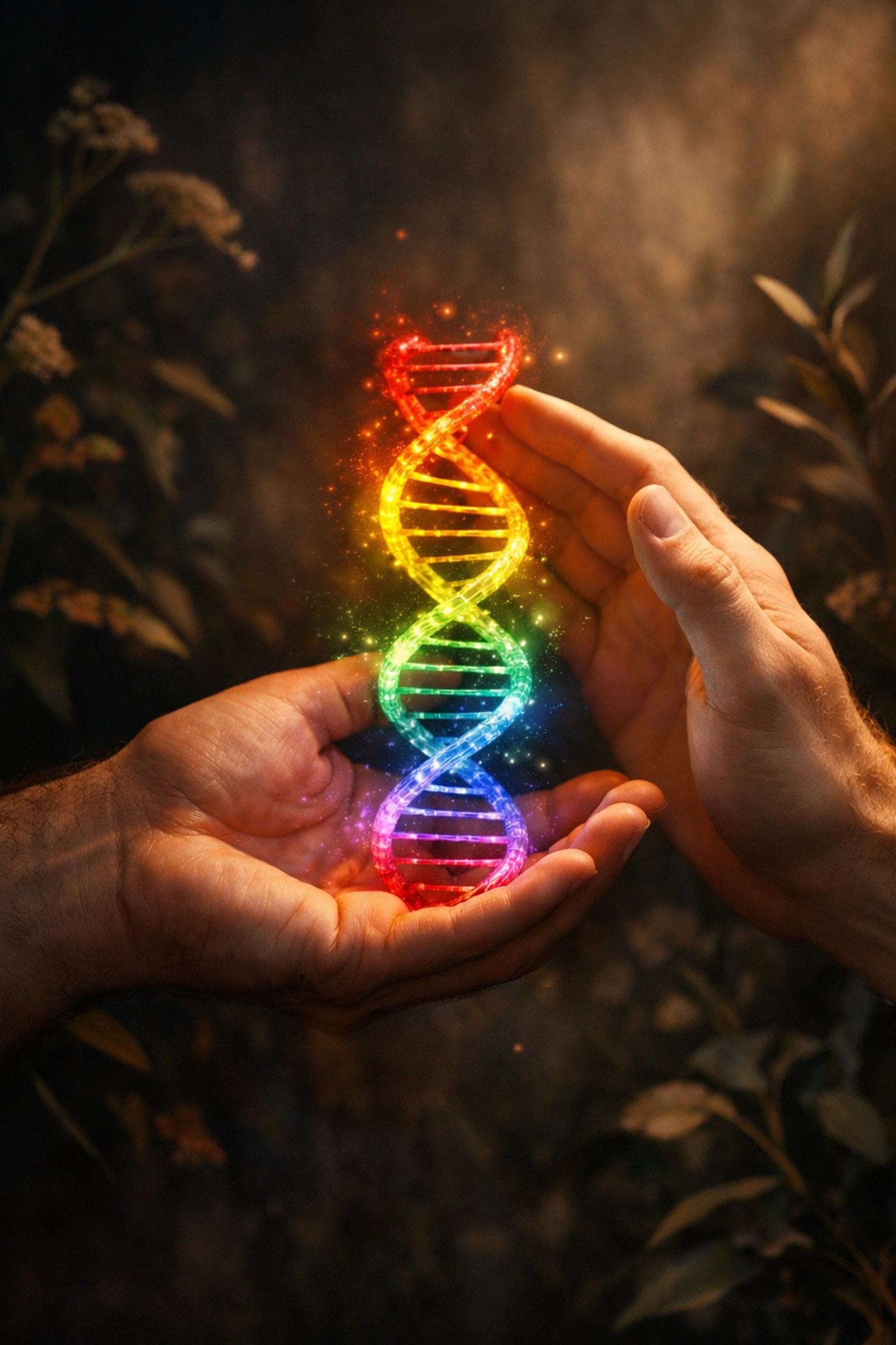 Hands holding a rainbow DNA strand representing the biological and genetic roots of homosexuality in nature.