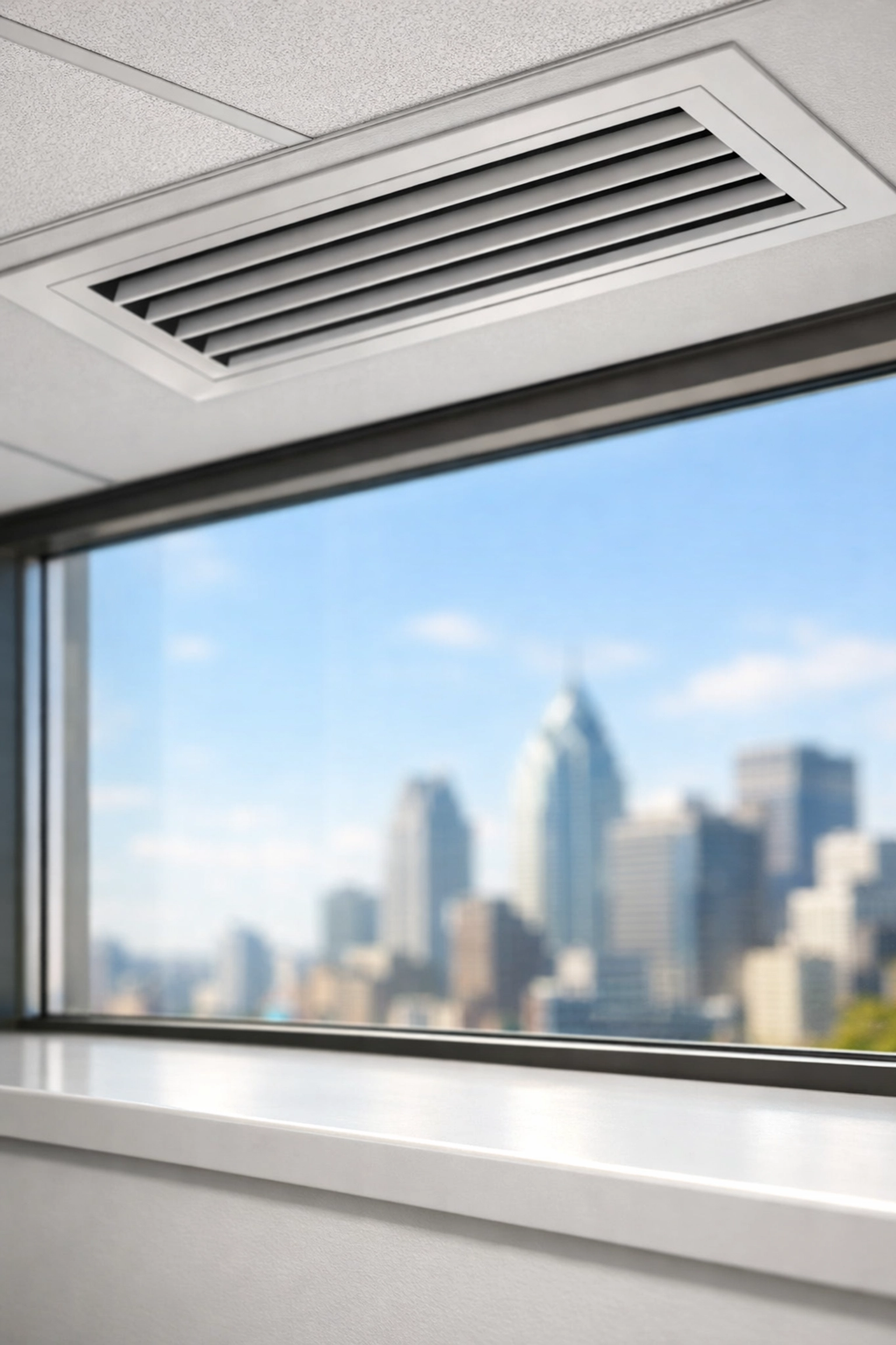 Dust-free HVAC vent and clean window sill in a Detroit office building improving indoor air quality.