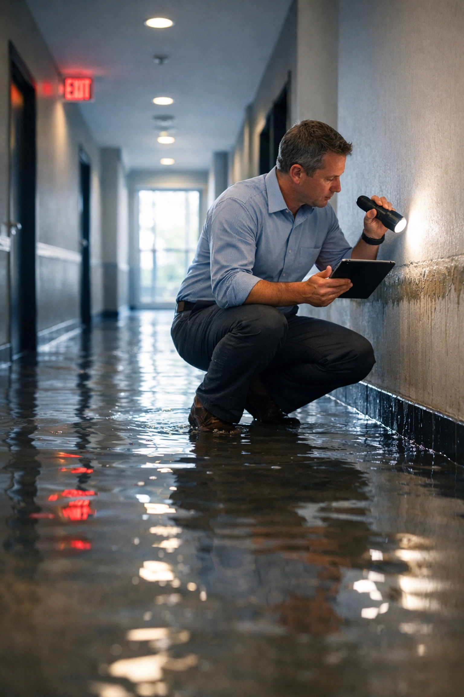 Property manager documenting water damage with tablet in flooded condo hallway for insurance claim