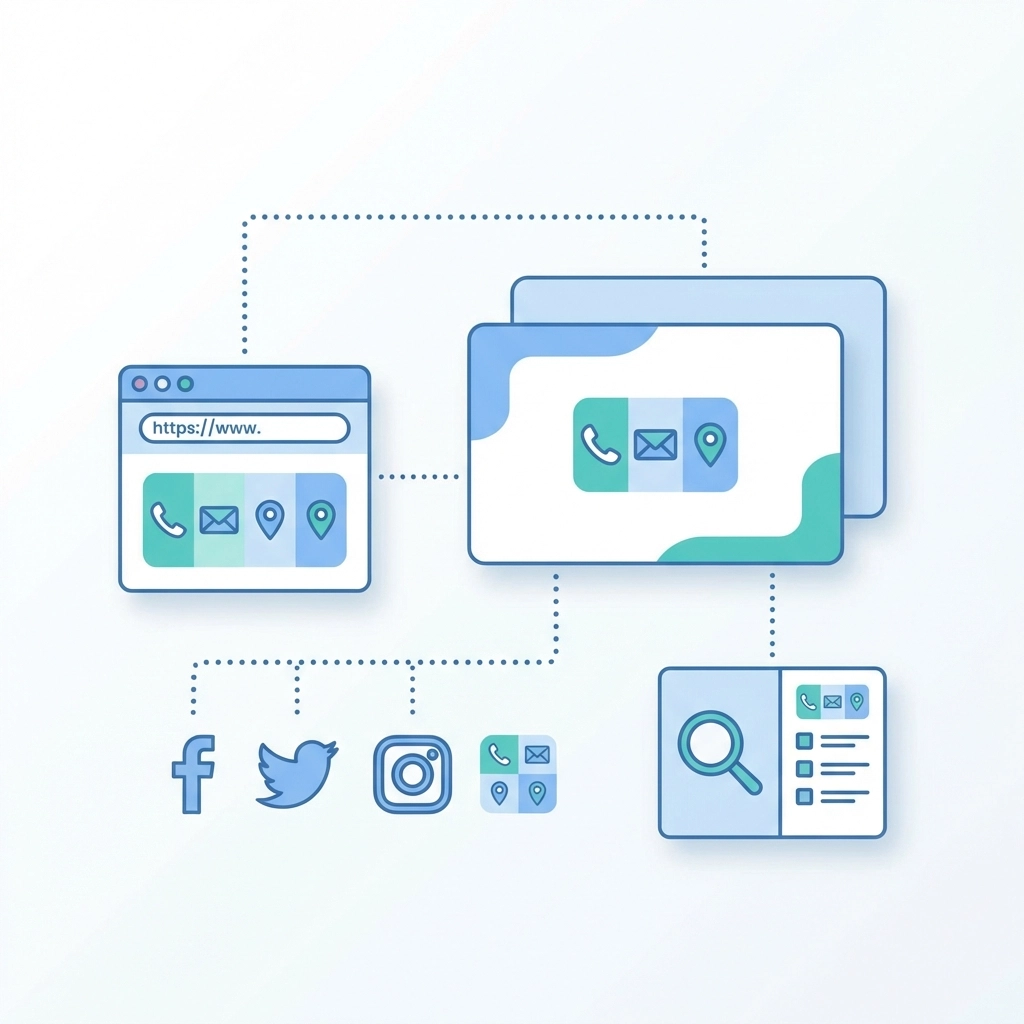 Illustration representing consistent business contact information across web platforms and directories for Google Business Profile optimization.
