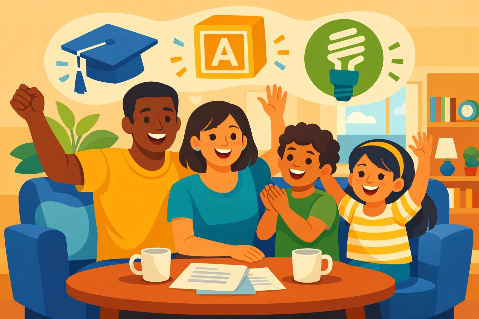 Family benefiting from tax credits including Child Tax Credit and education credits