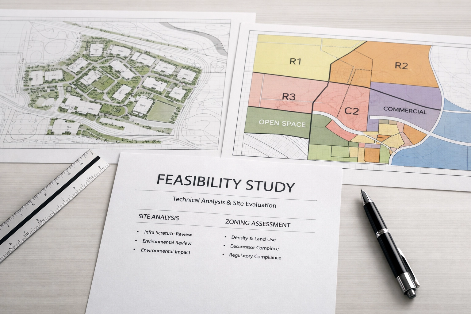 Architectural site plan and zoning overlay map on a table with a scale ruler and pen.