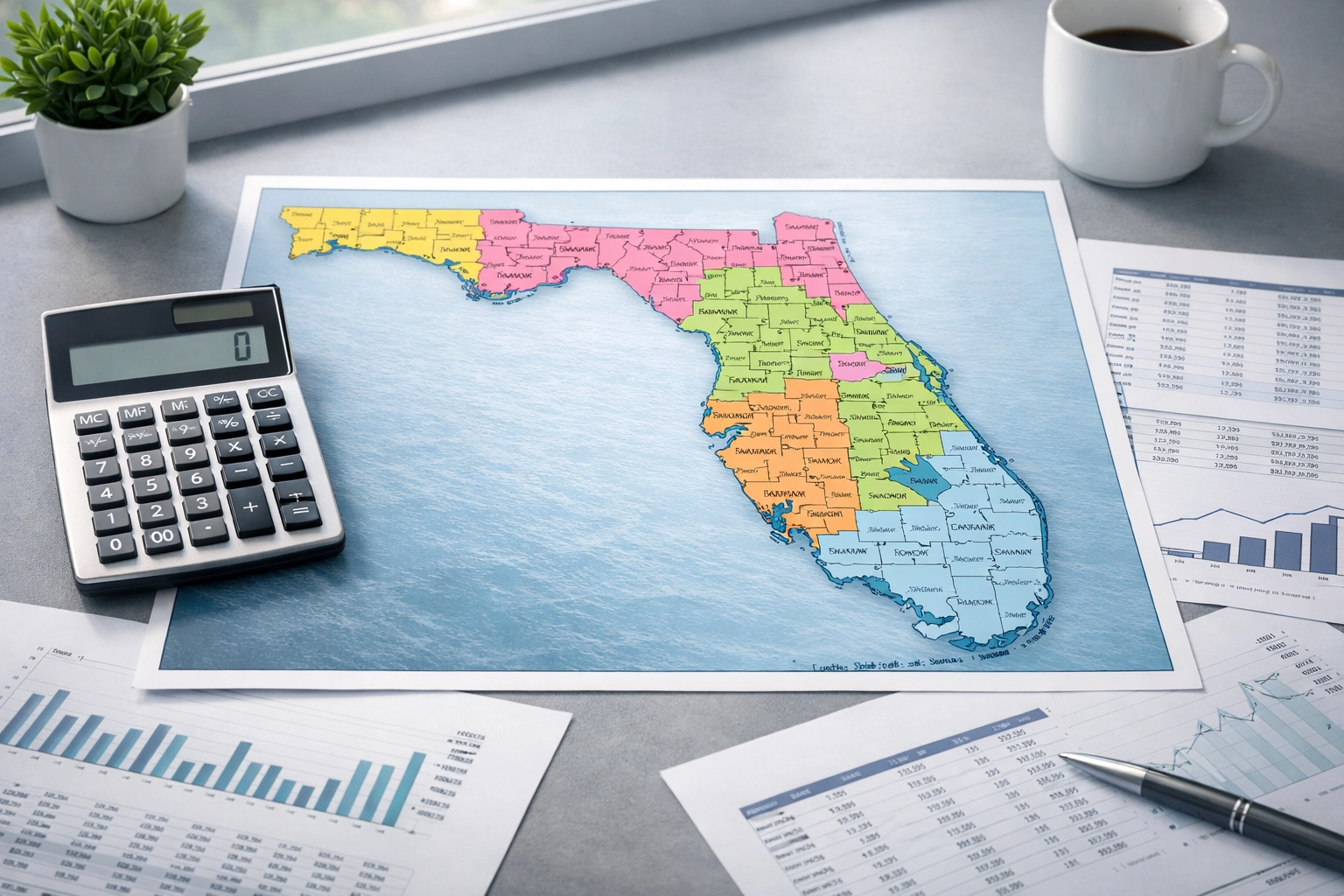 Florida county map with tax calculator for sales tax compliance and bookkeeping