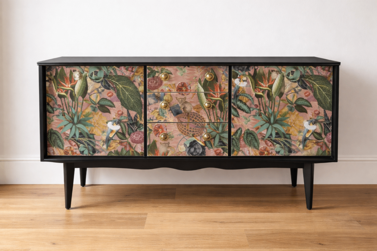 Mid-century sideboard with matte black spray finish and botanical decoupage