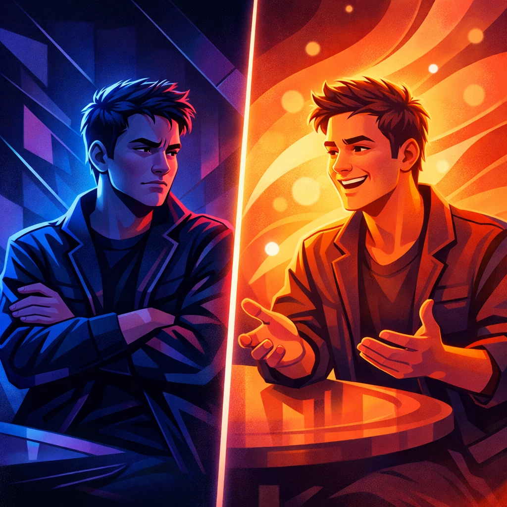 Person shifting from defensive to open body language during STI talk