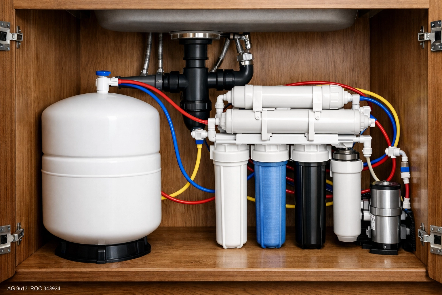 Multi-stage reverse osmosis system professionally installed under a sink to provide pure water in Gilbert AZ.