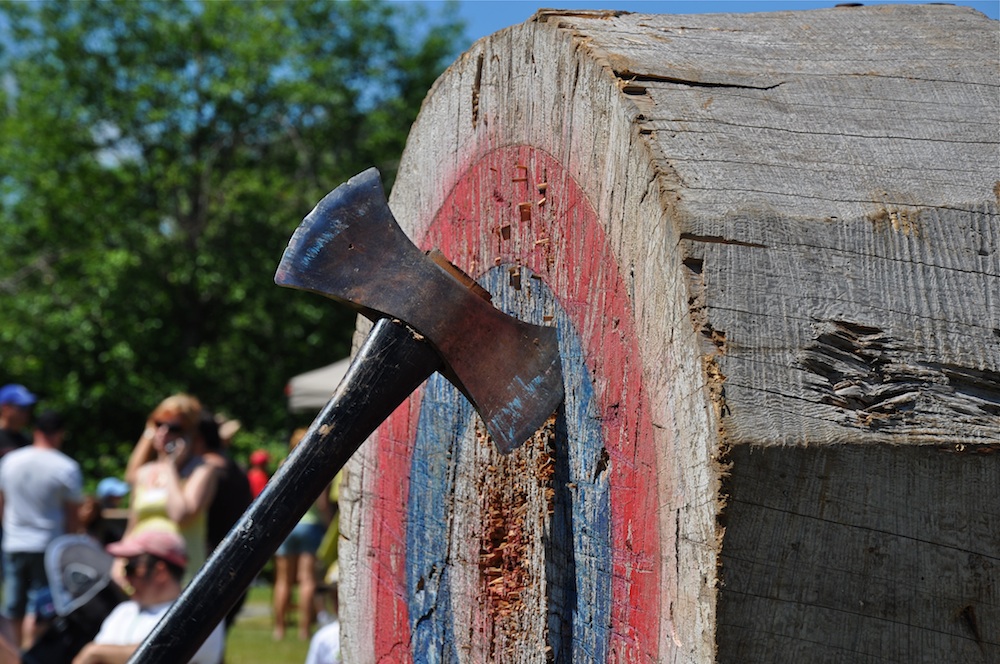Axe throwing target at Cowichan Lake Days A real photo of a logger sports style axe throwing target, set up for competition and community festival fun.