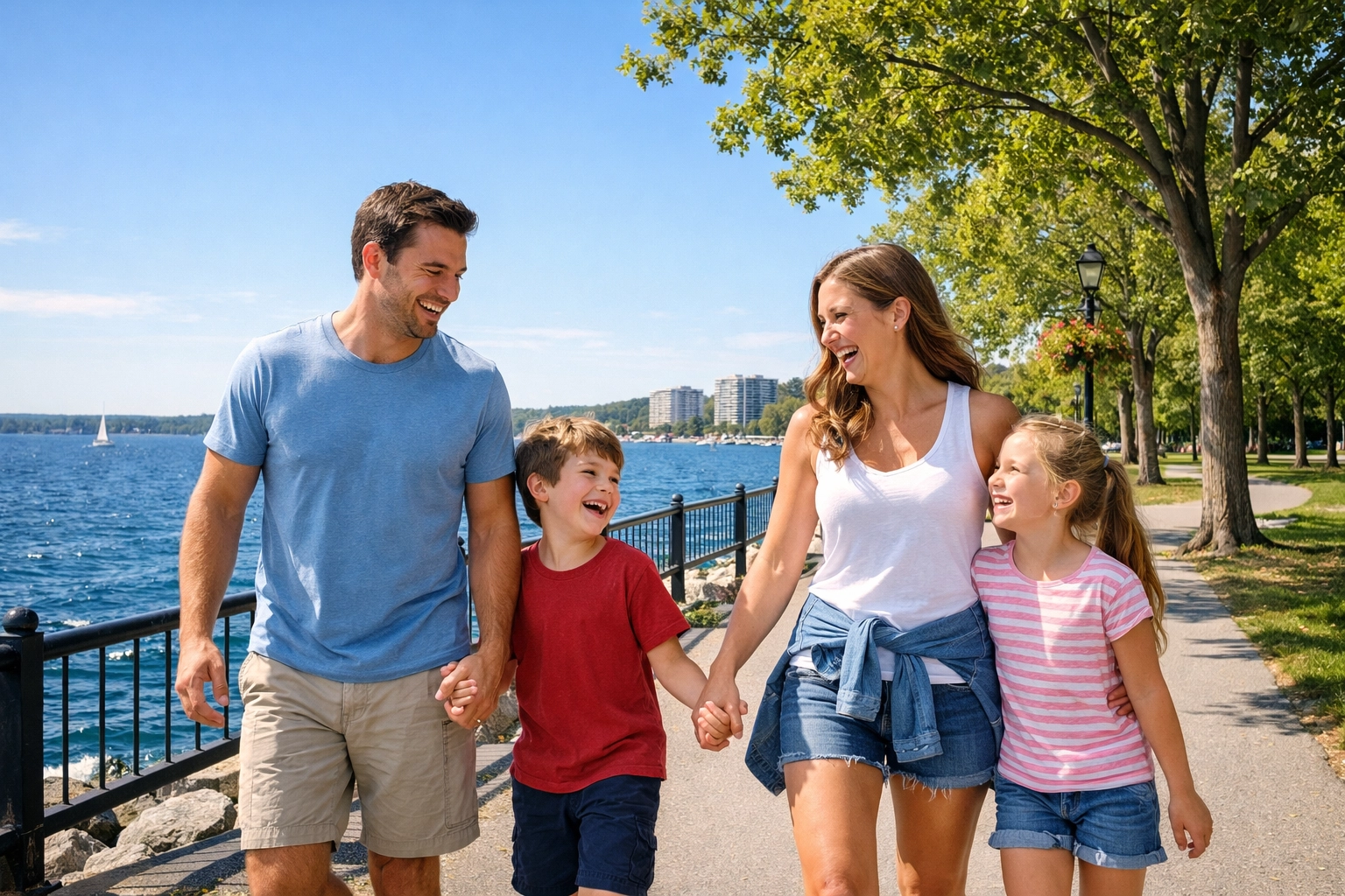 Happy family walking along the Kempenfelt Bay waterfront trail, highlighting the active lifestyle in Barrie real estate.