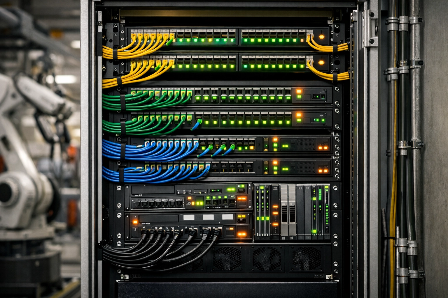 Industrial edge computing cabinet with neatly routed fiber cables and status LEDs in a smart factory