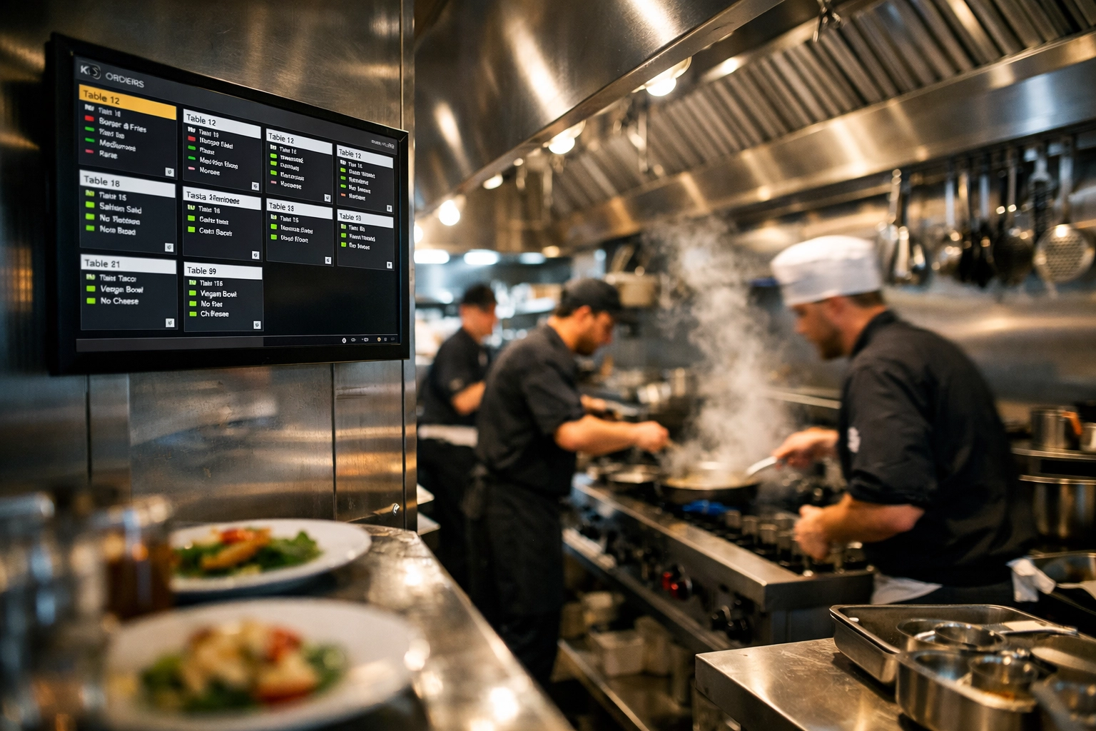 Kitchen display system showing live orders in busy restaurant kitchen with chefs working