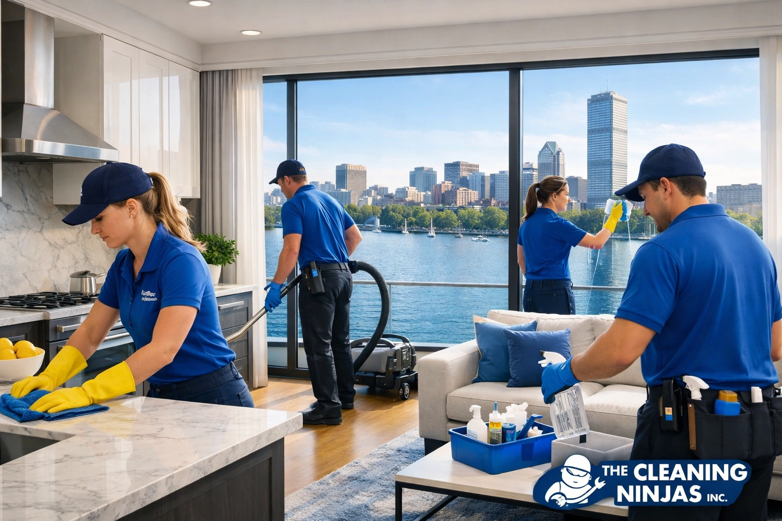 Spotless modern kitchen with white cabinets and marble counters after professional house cleaning in Cambridge MA. A clean, modern apartment interior overlooking the Charles River in Cambridge, MA, showing the results of house cleaning Cambridge MA.