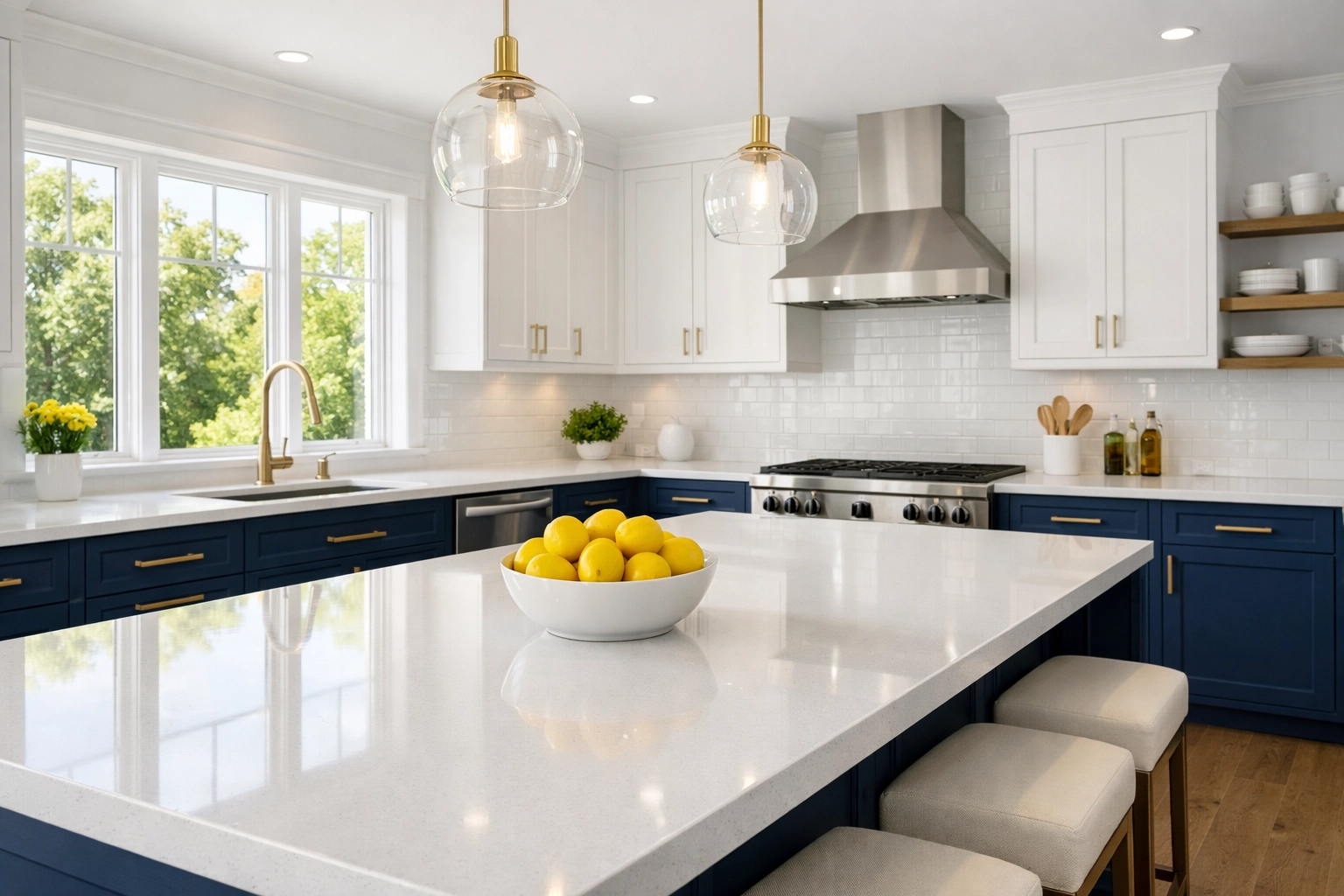 Bright modern kitchen featuring spotless countertops after eco-friendly house cleaning Framingham MA.