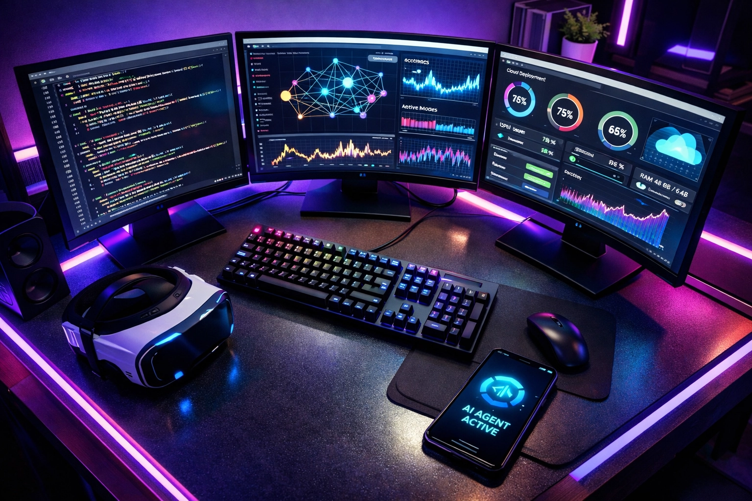 Professional machine learning engineer workstation showing Python code and model deployment dashboards.