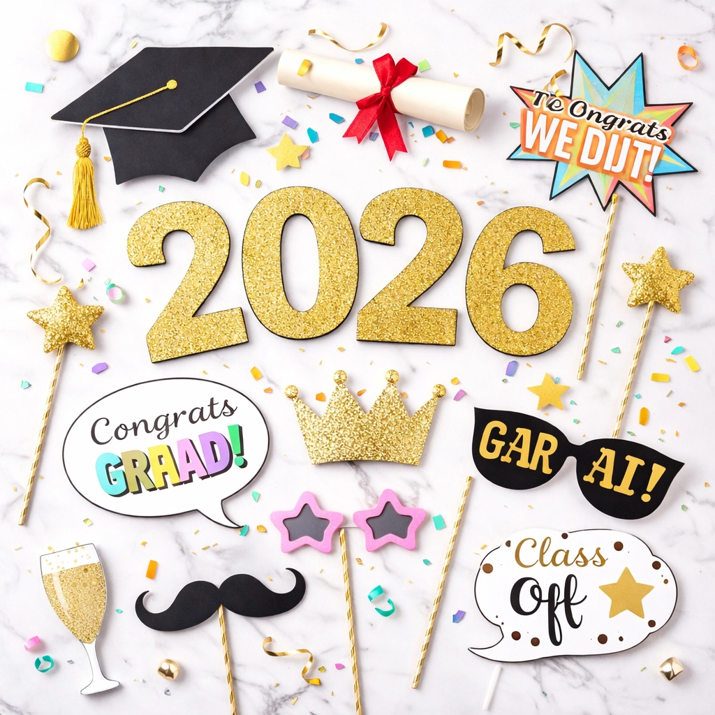 Assorted graduation photo booth props, including gold 2026 numbers, cap, diploma, and fun signs, arranged for a party.