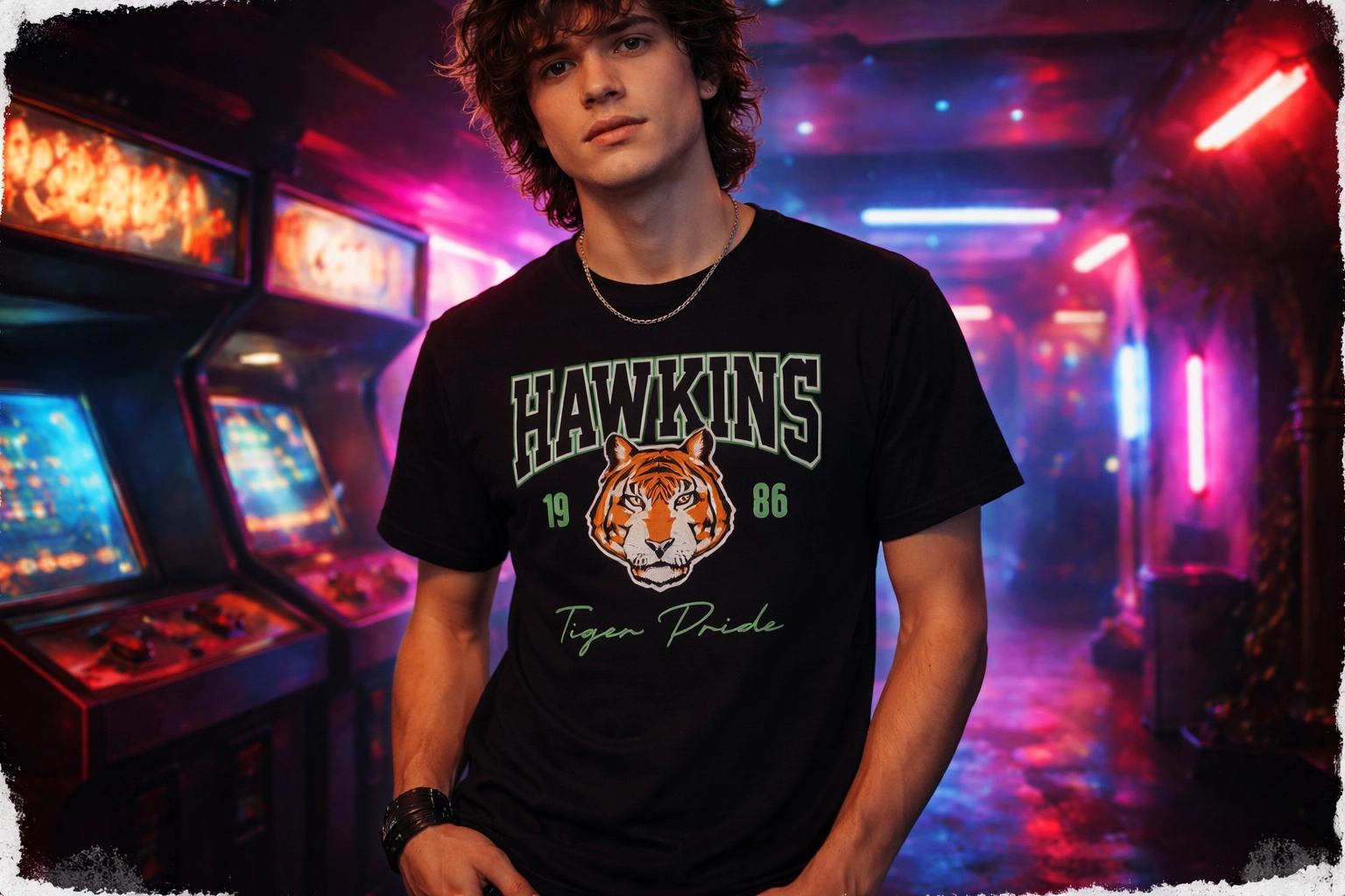 Neon Logo Stranger Things tee — lifestyle shot with dark neon 80s vibe