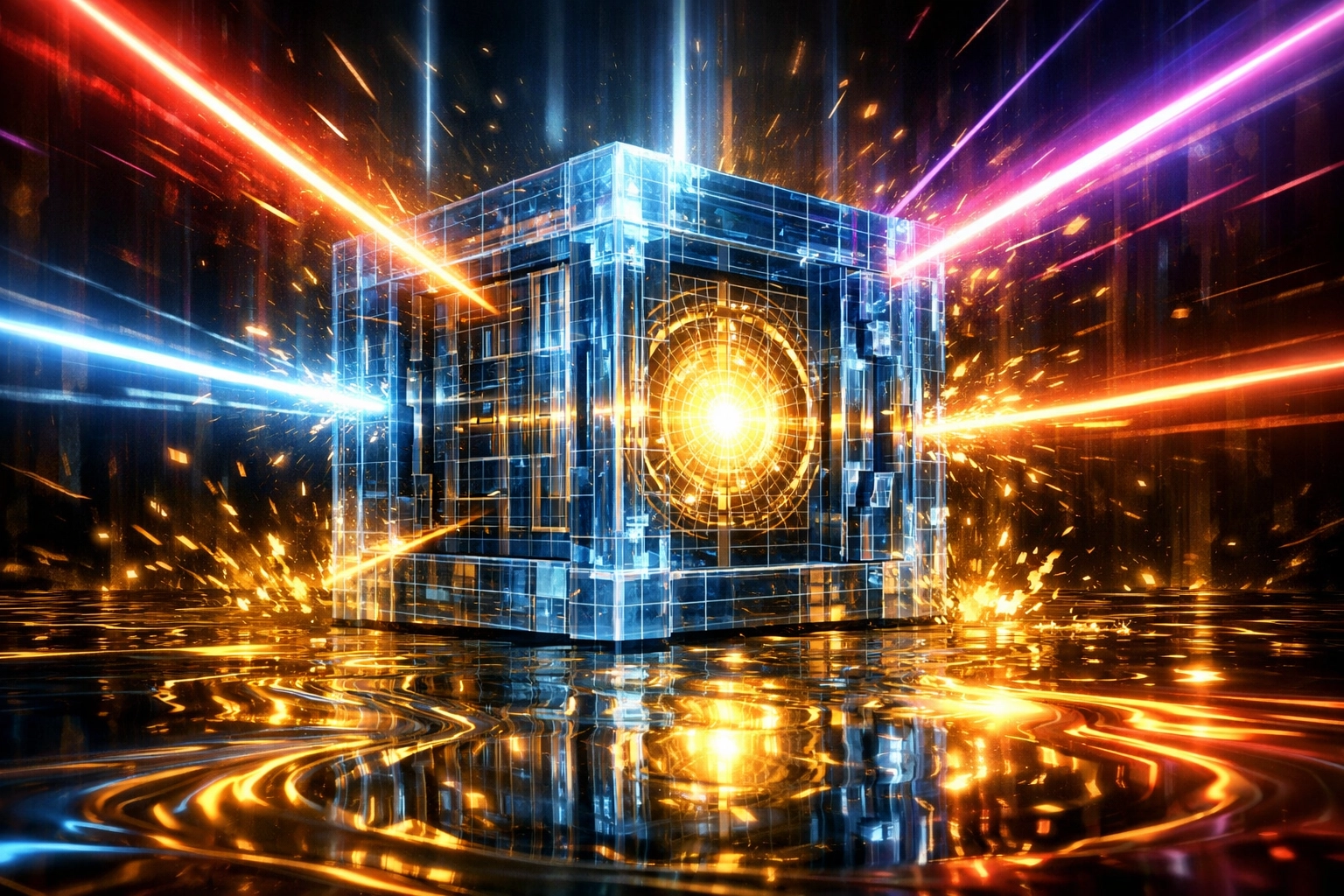 A luminous digital vault of crystalline grids under intense neon pressure, symbolizing a rigorous diligence gauntlet for valuation assumptions.