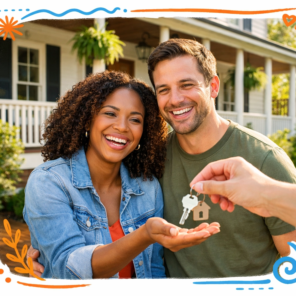 Happy couple receiving keys to their new farmhouse home with help from Team Haigh Realty