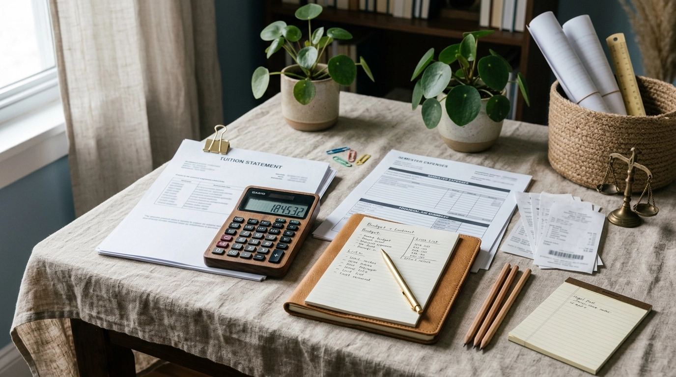Organized private school expense paperwork with calculator and academic supplies in a Boho Chic setting