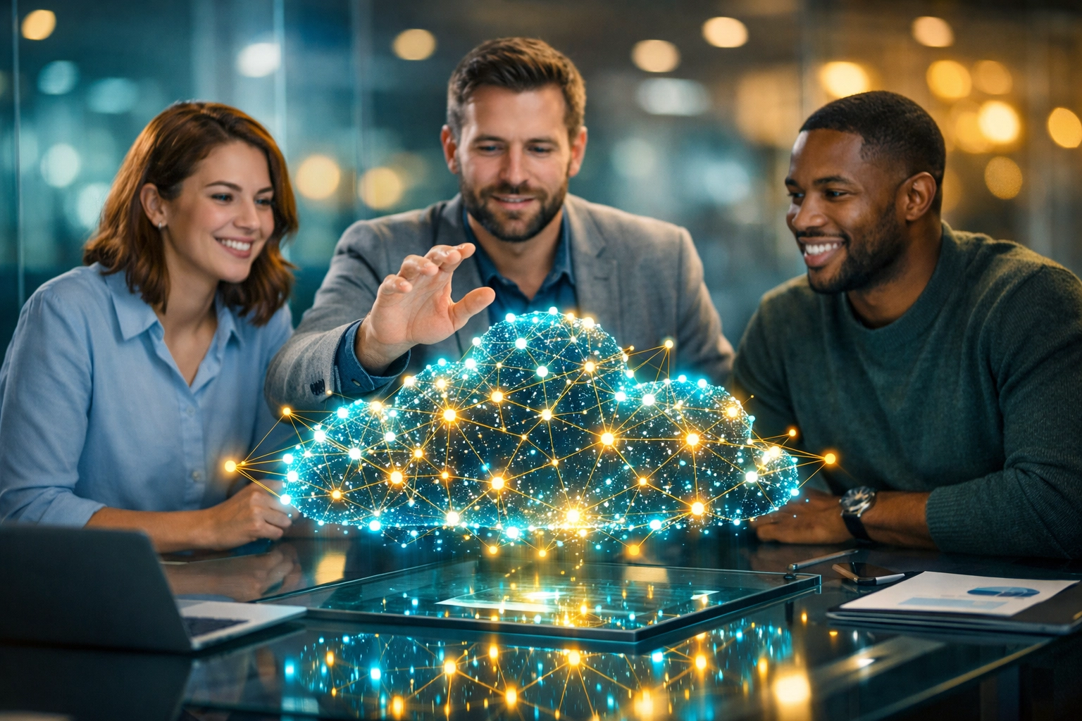 Teamarbeit mit KI im Mittelstand: Mitarbeiter analysieren gemeinsam eine digitale Datenwolke im Büro.