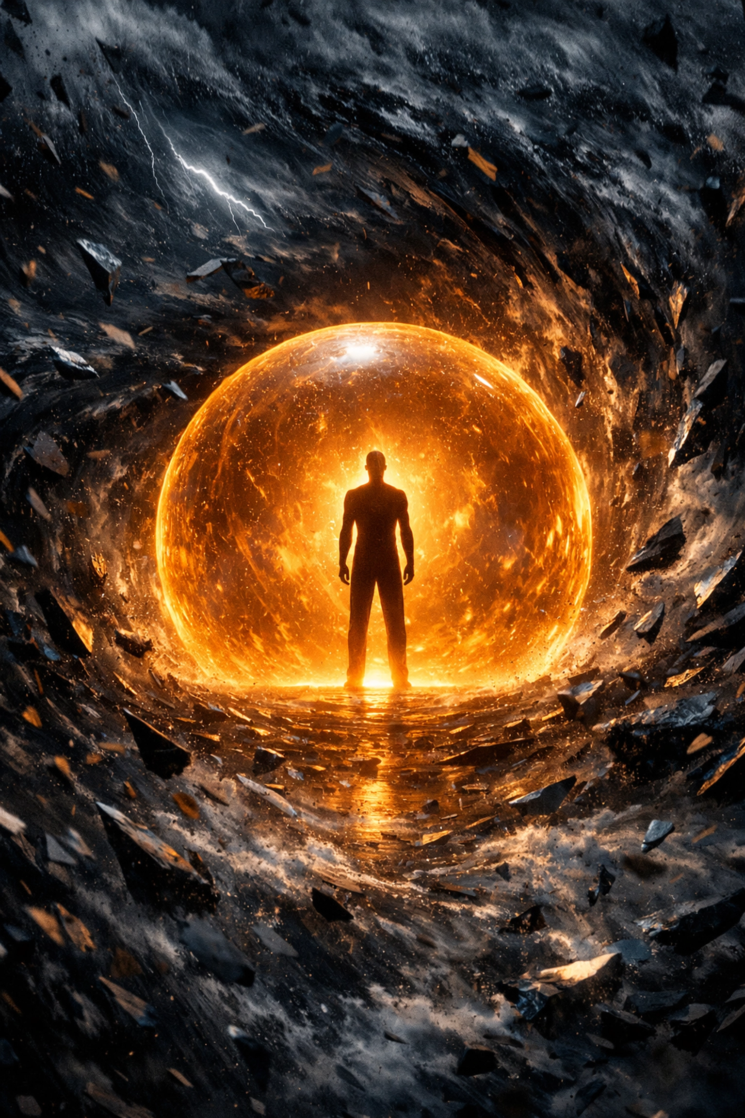 Calm figure in a storm representing a regulated leader maintaining high performance in business.