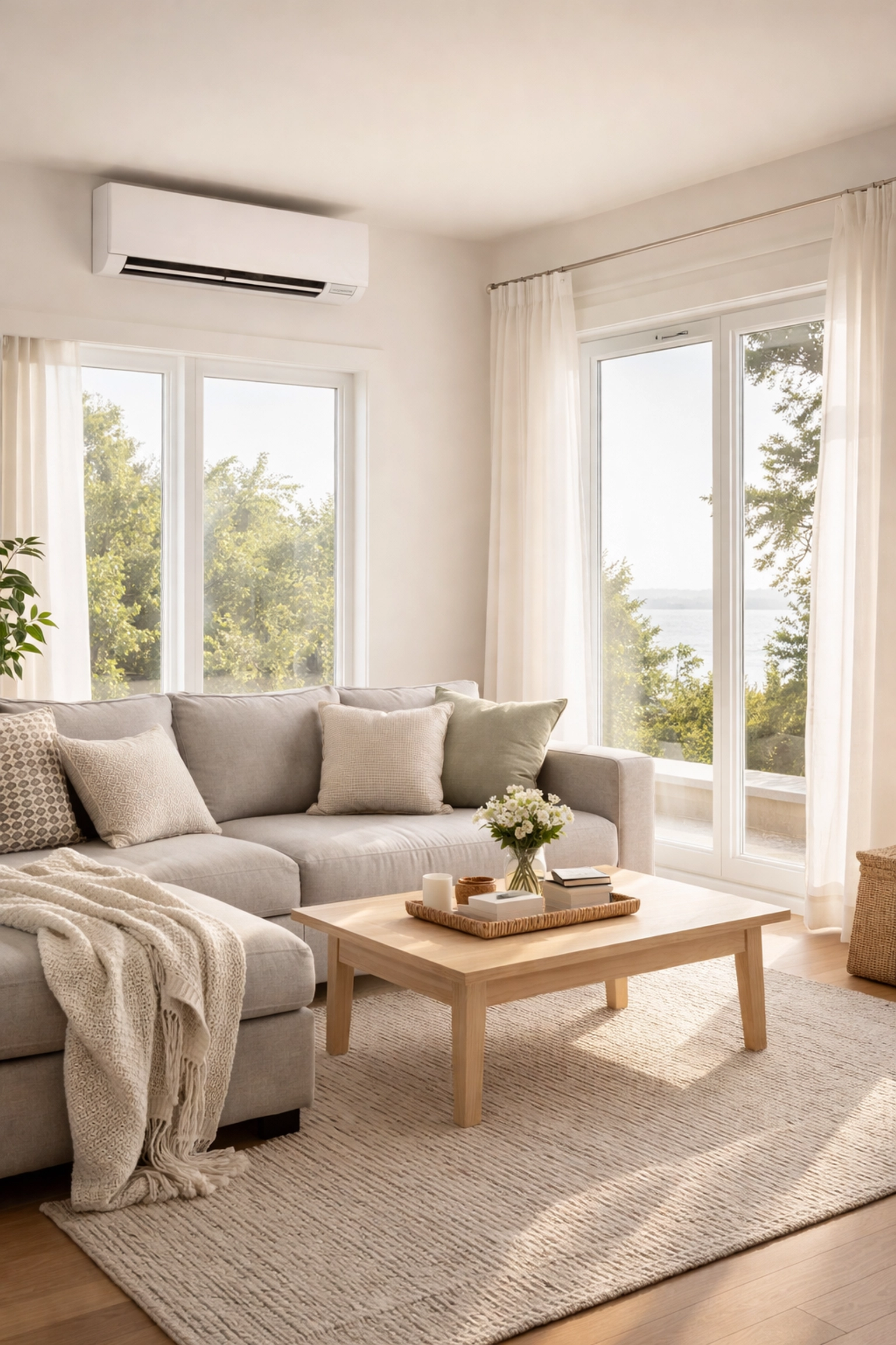 Bright Maine living room with a mini-split indoor unit, illustrating energy-efficient heating and cooling solutions